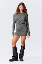 Black & Grey Stripes - Draped Asymmetric Long-Sleeved Mini Dress - 0