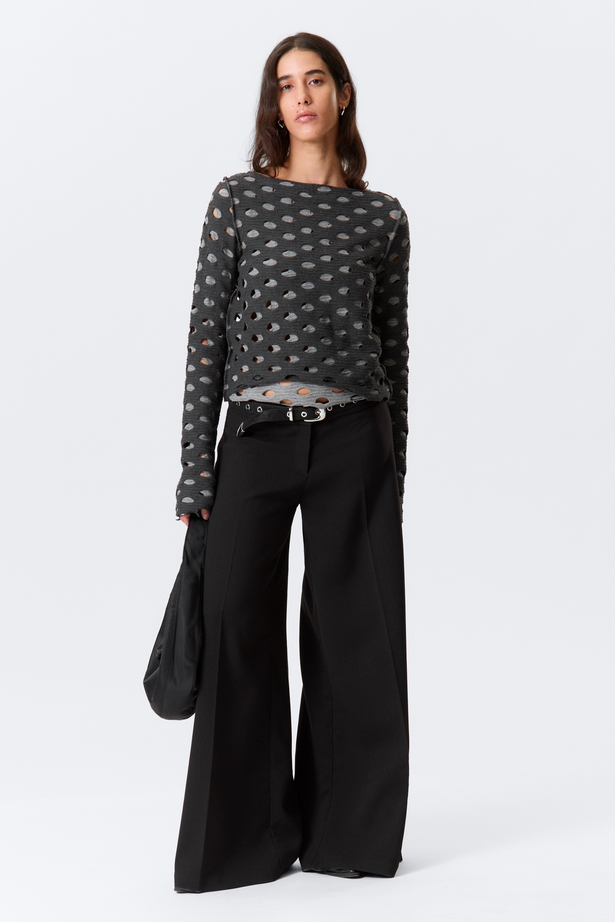 Haut à manches longues et encolure bateau usé - Gris foncé