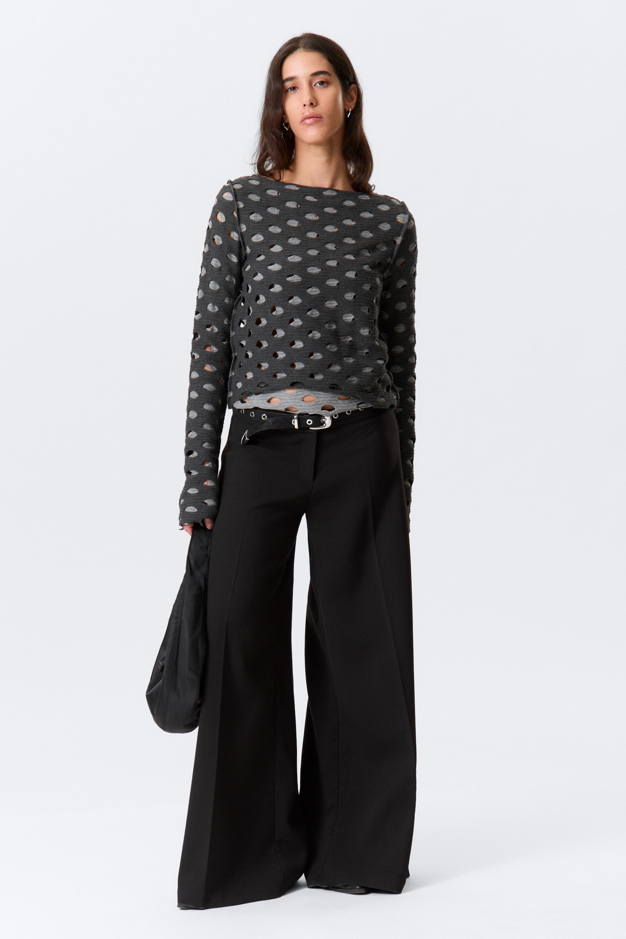 Dark Grey - Distressed Long-Sleeved Boat-Neck Top - 2