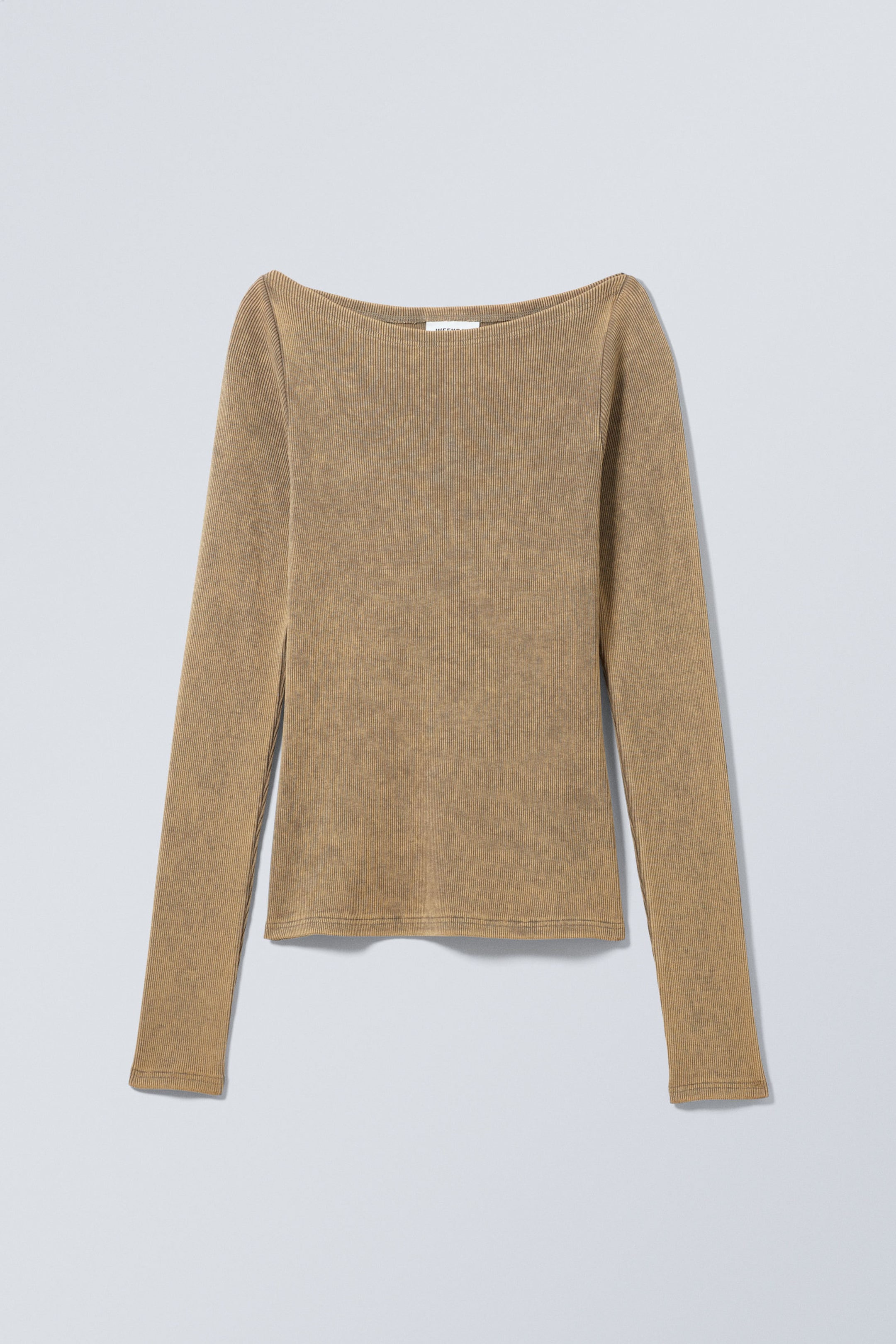Dunkelbeige - Geripptes Longsleeve mit U-Boot-Ausschnitt - 0