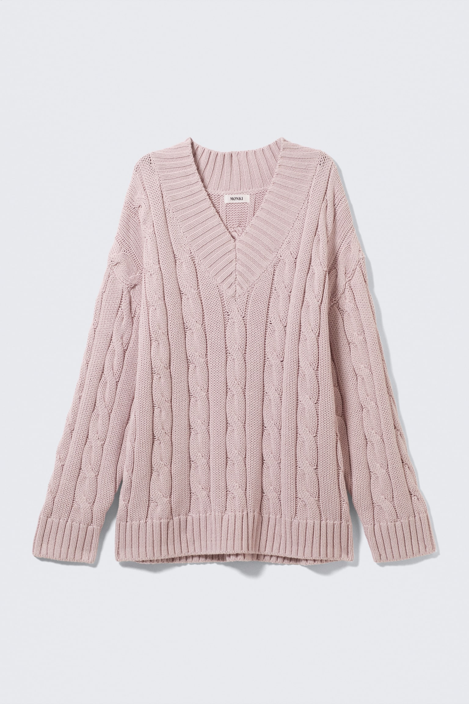 Cable Knit V-Neck Sweater - Dusty Pink/White - 2