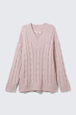 Dusty Pink - Cable Knit V-Neck Sweater - 0