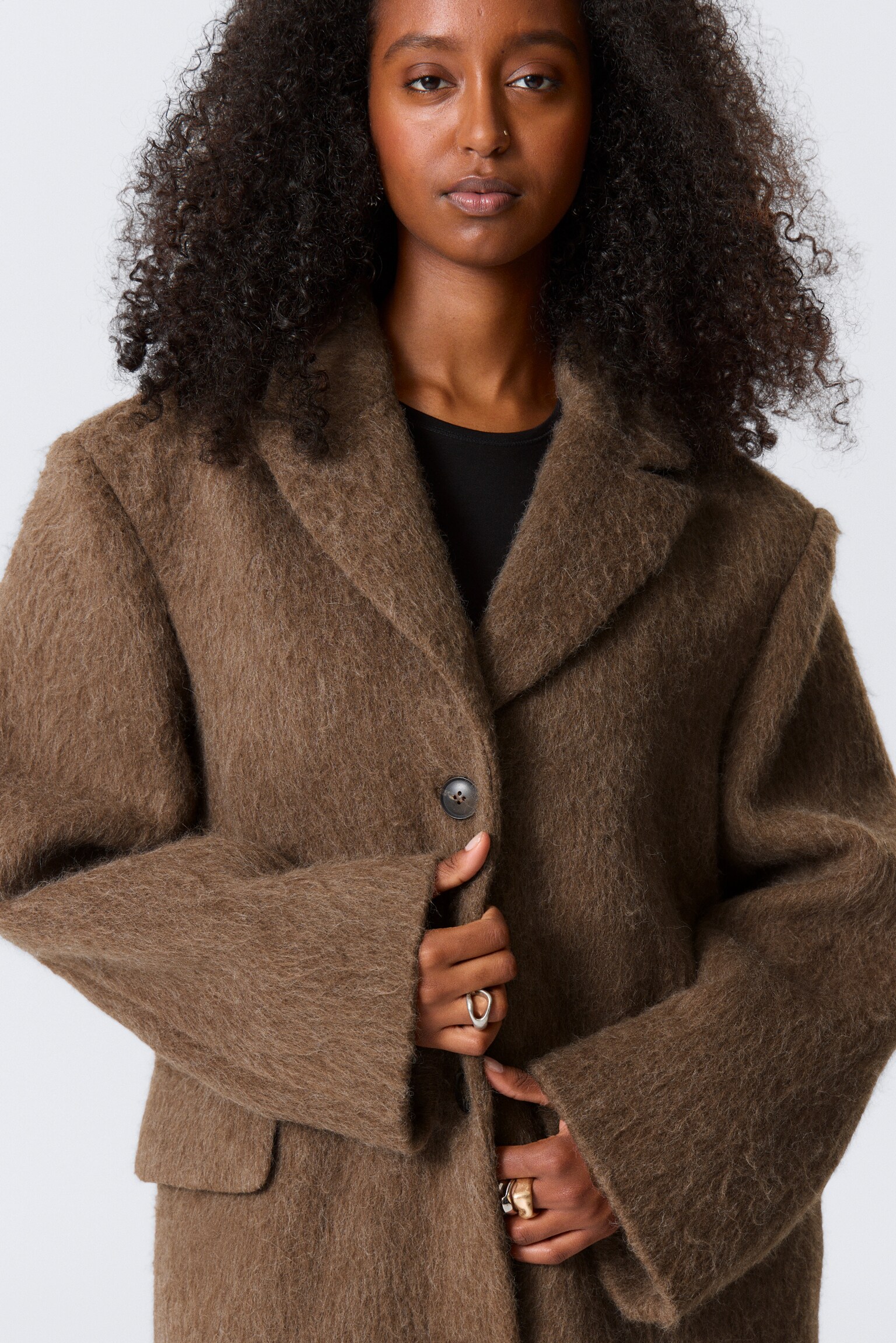 OVERSIZED WOOL-BLEND COAT - Hairy Dark Beige/Black Herringbone/Checked Dark Brown - 5