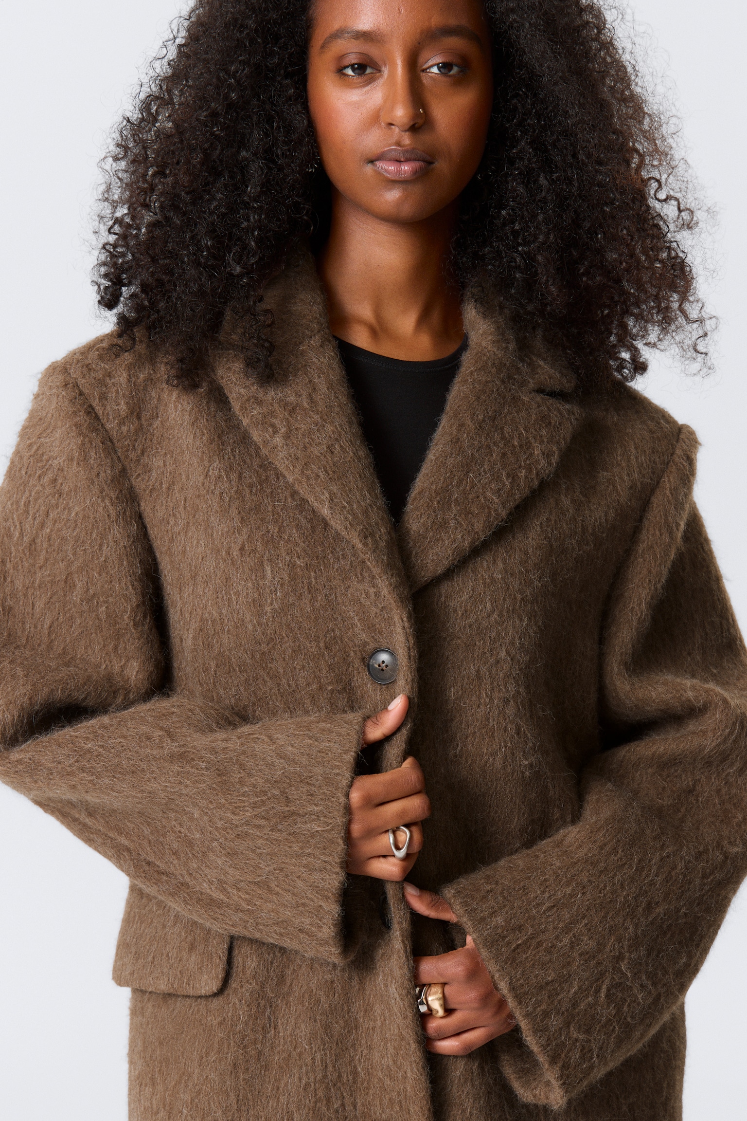 PŁASZCZ OVERSIZE Z WEŁNĄ - Hairy Dark Beige/Kraciasty Ciemnobrązowy/Black Jodełka - 5