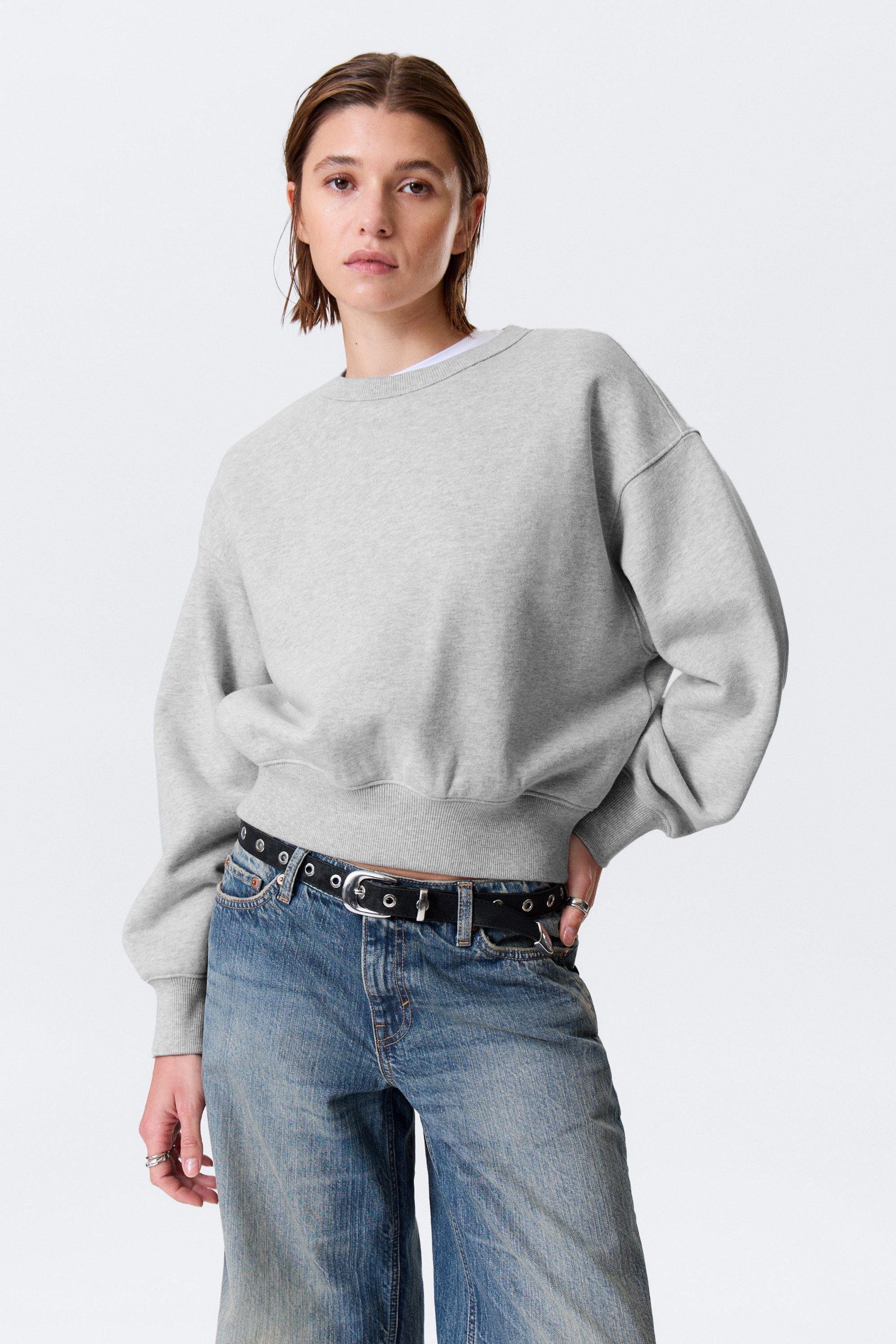 Grey Melange - Boxy Cropped Cotton Sweatshirt - 1