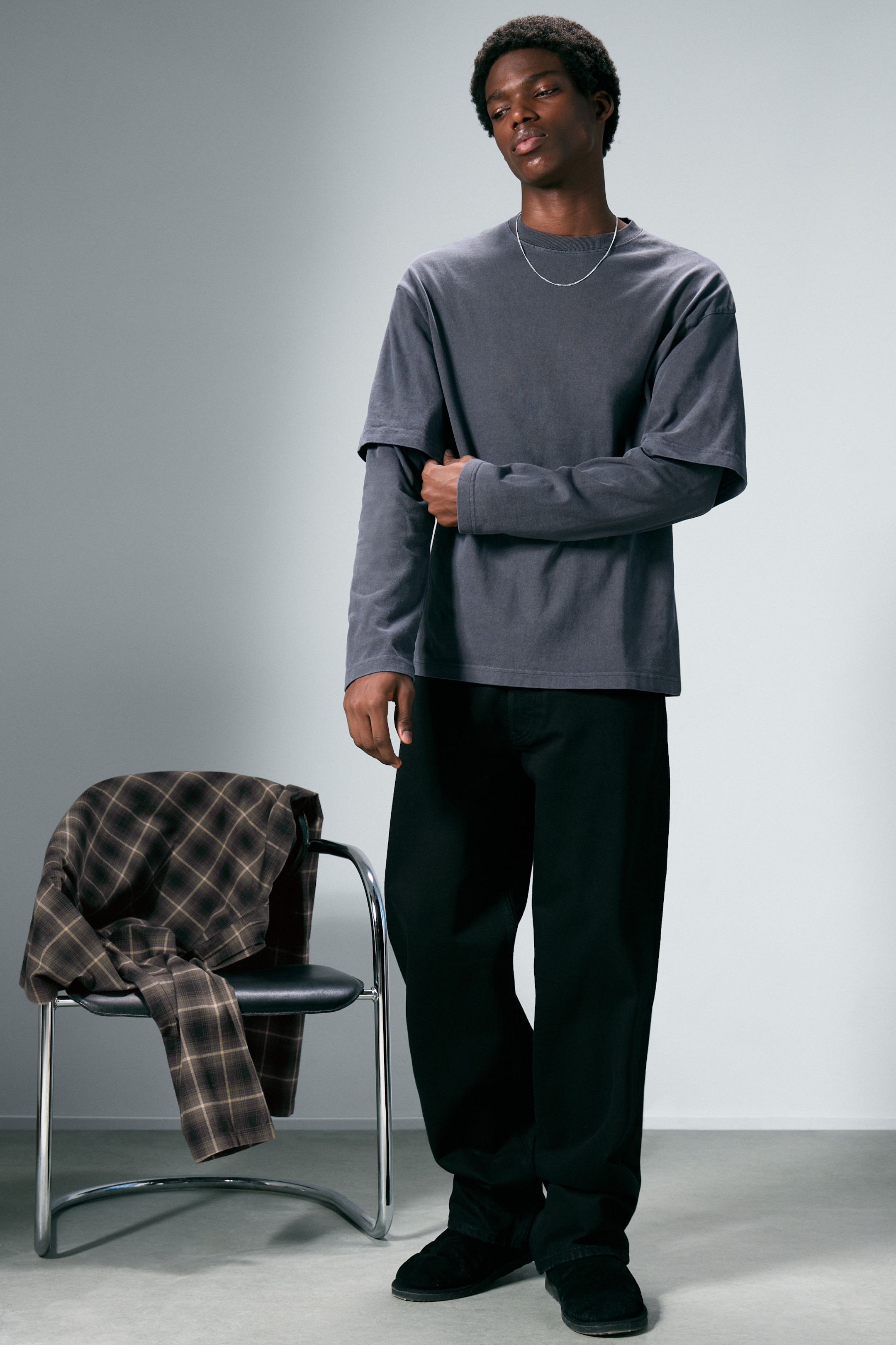 Ingrandisci l'immagine: Double-Layered Cotton T-shirt - Washed Dark Blue - UOMO | H&M CH 1