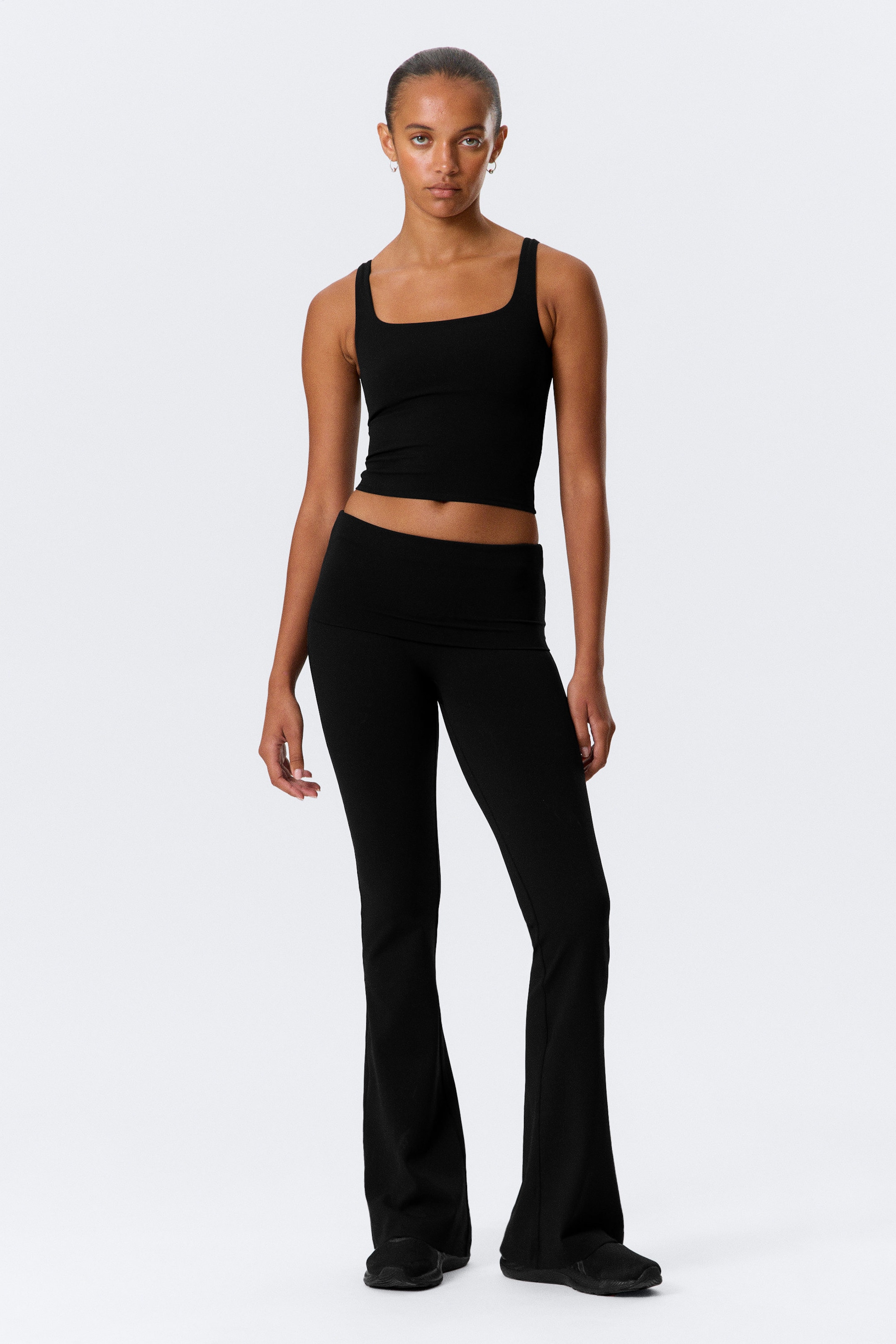 Black - Folded Waist Flared Yoga Tights - 2