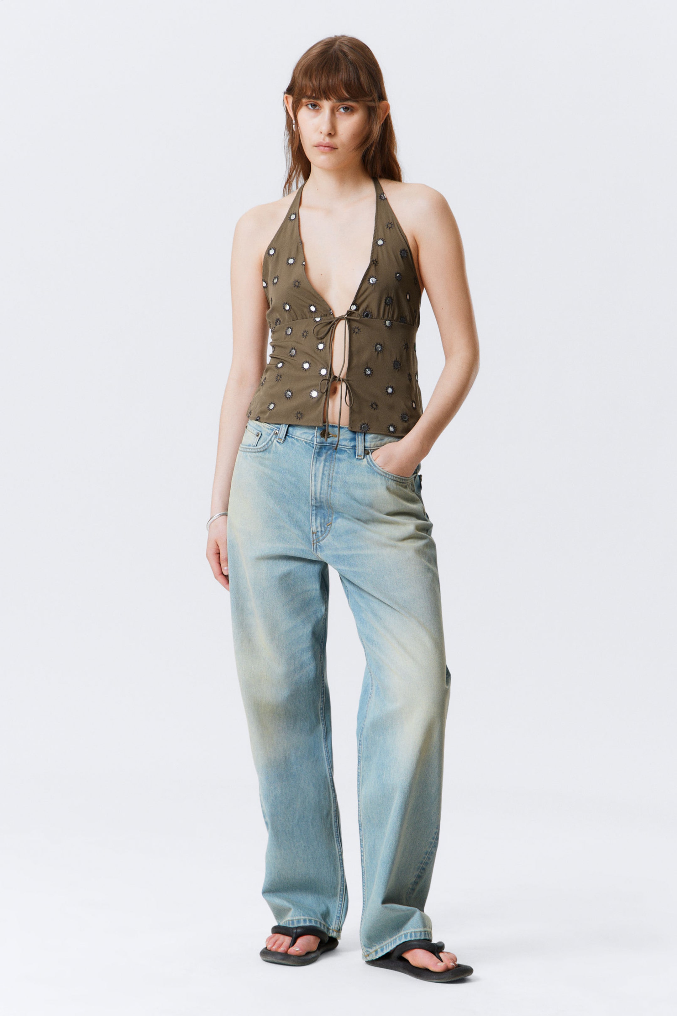 Dark Mole - Sequins - Tie-Front Halterneck Top - 2
