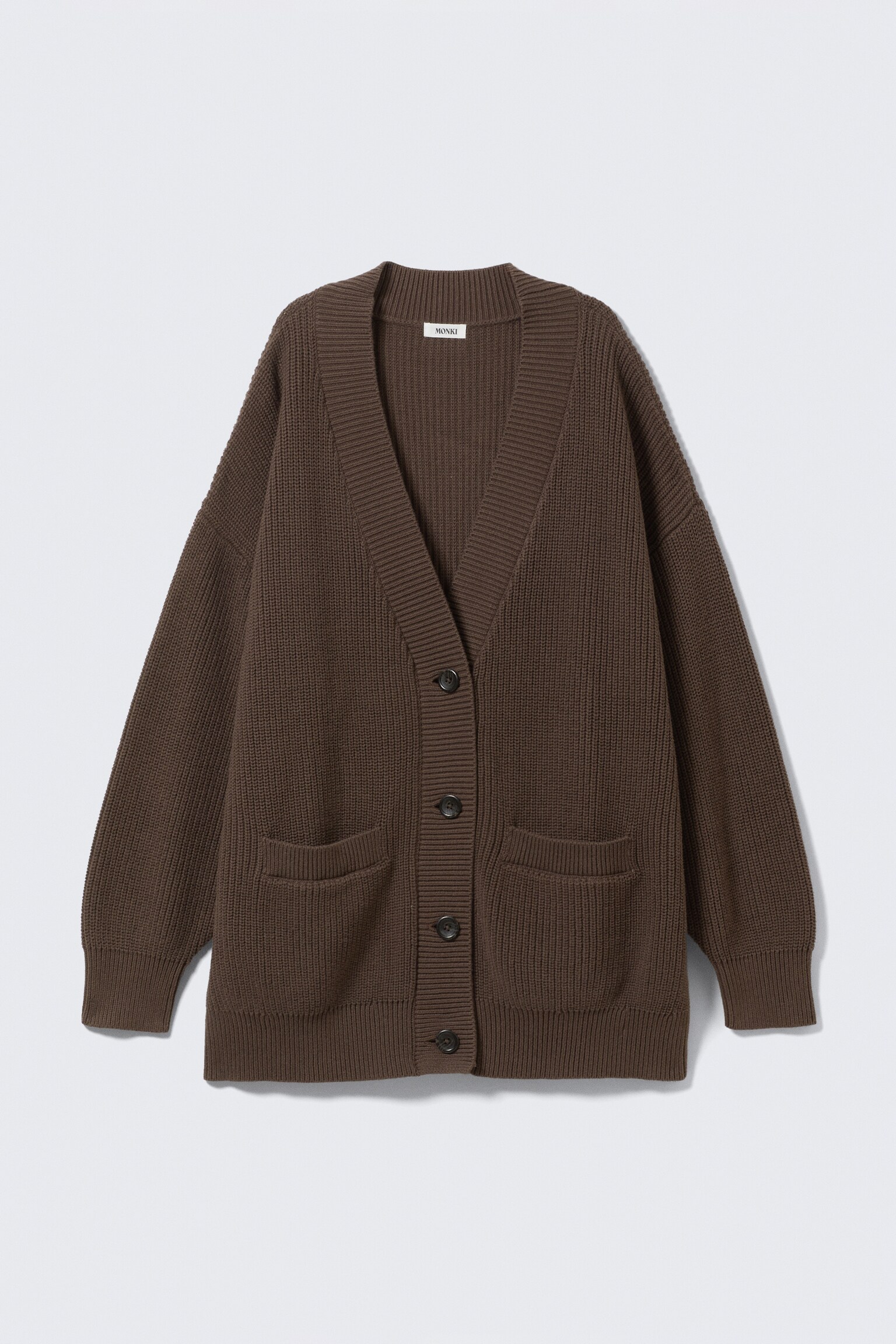 Oversized V-Neck Cotton Knit Cardigan - Dark Brown/Beige - 2