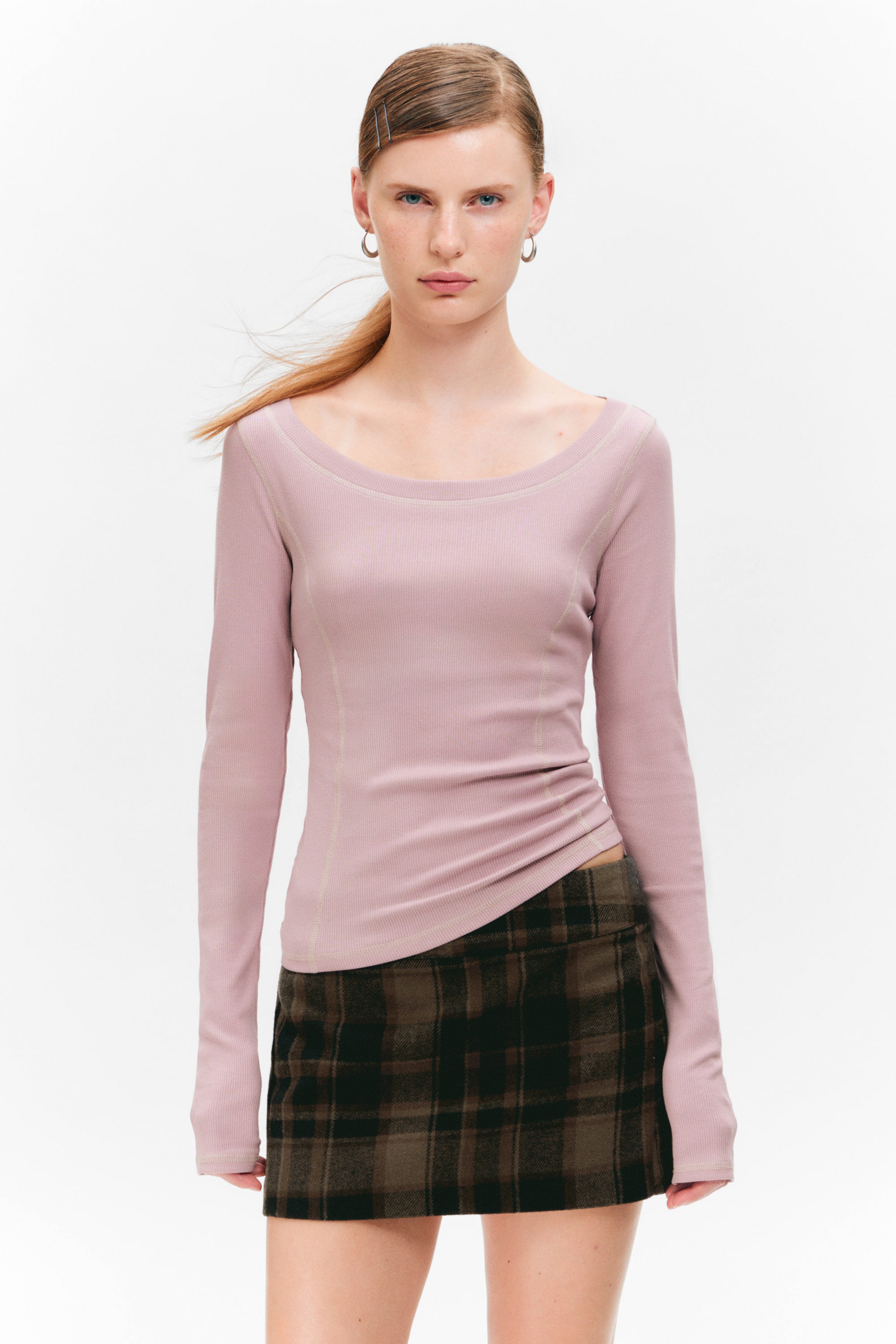 Dusty Pink - Long-Sleeved Wide Neck Top - 2