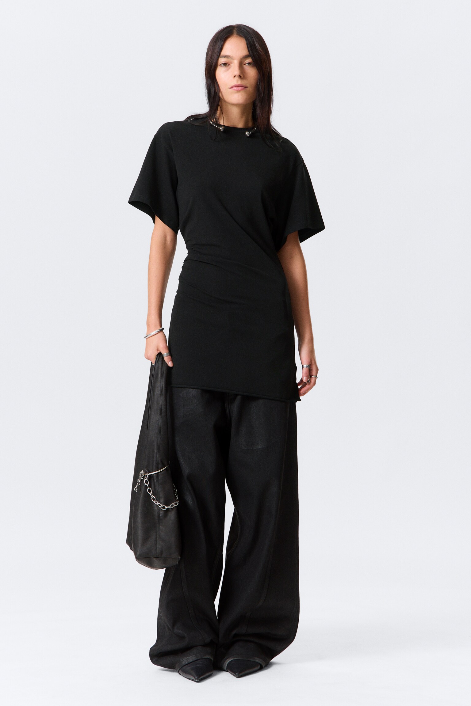 Mini-T-shirtjurk met korte mouwen - Zwart/Wit/Donkerbruin