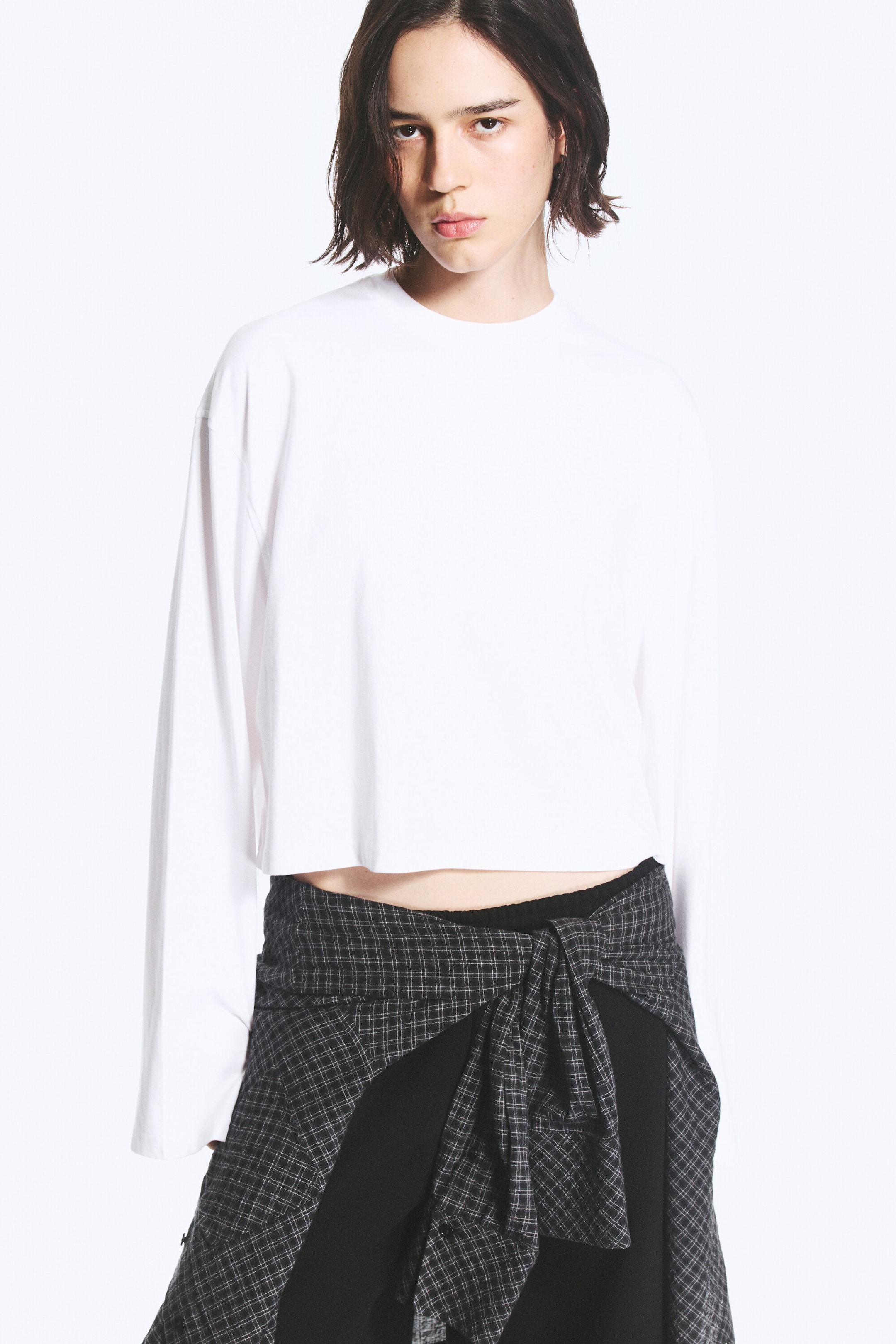 Wit - Cropped oversized T-shirt met lange mouwen - 1