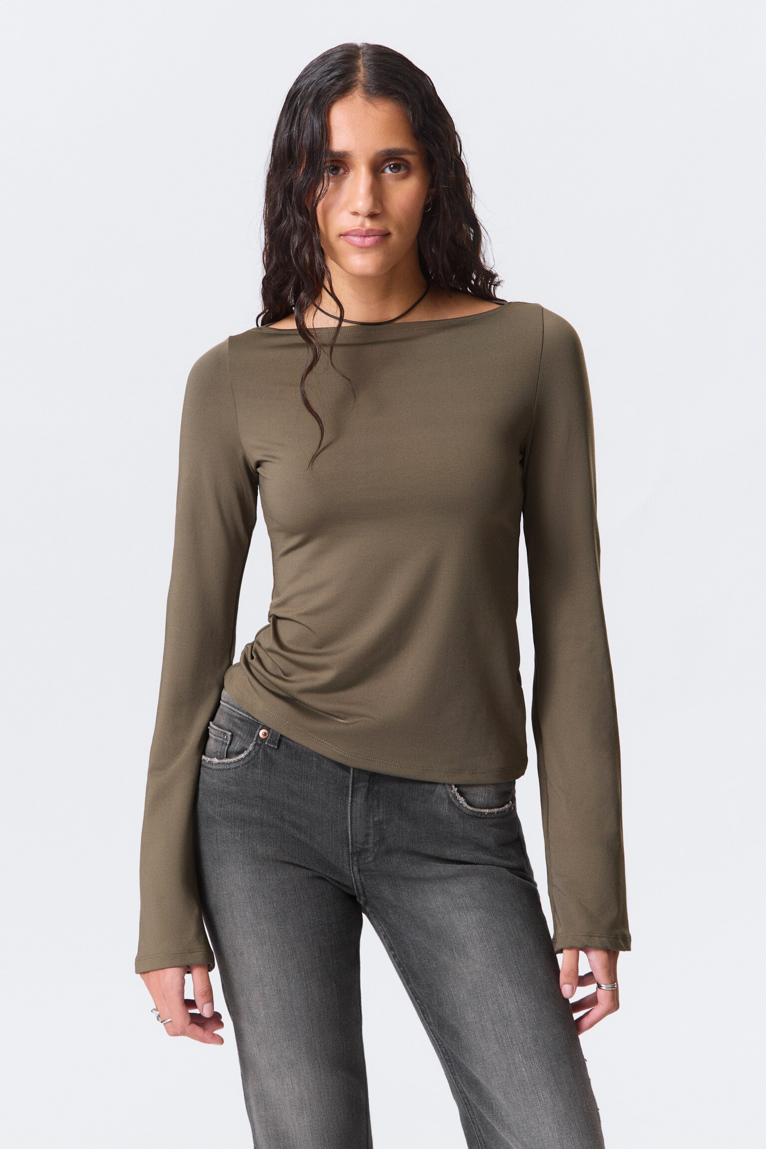 Annie Long-Sleeved Boat-Neck Top - Dark Mole/Dark Blue
