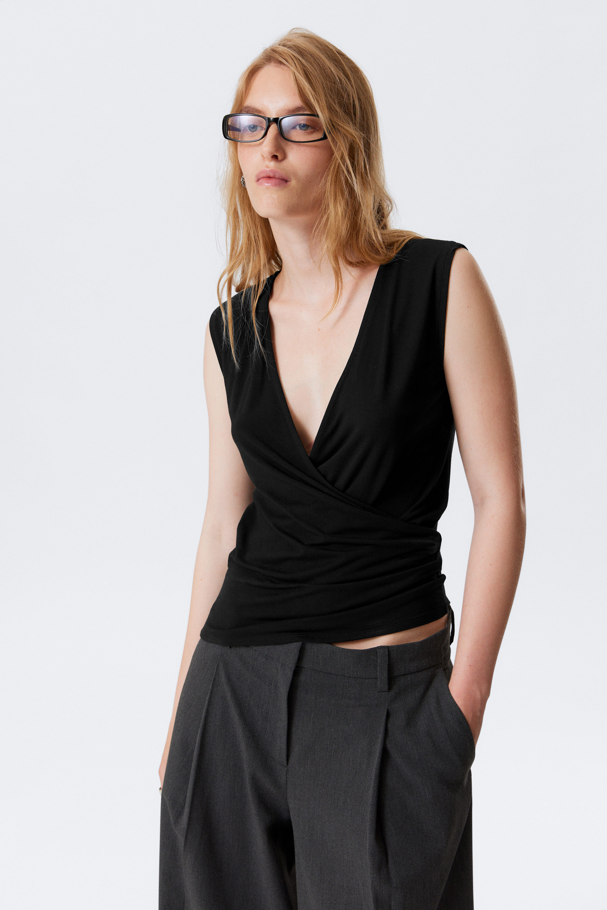 Black - SLEEVELESS JERSEY WRAP TOP - 1
