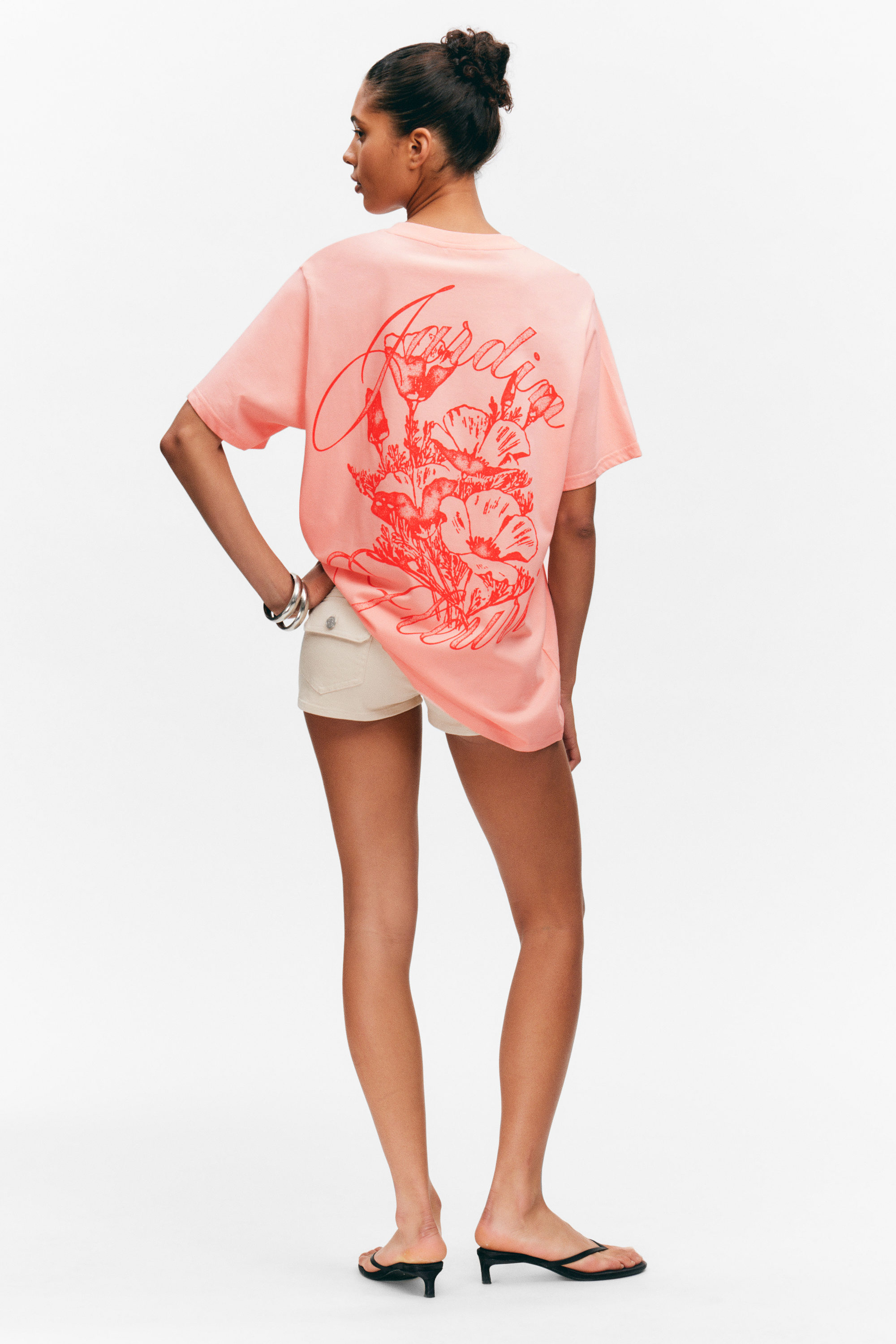 Light Pink - Floral Print - Graphic Oversized Cotton T-shirt - 2