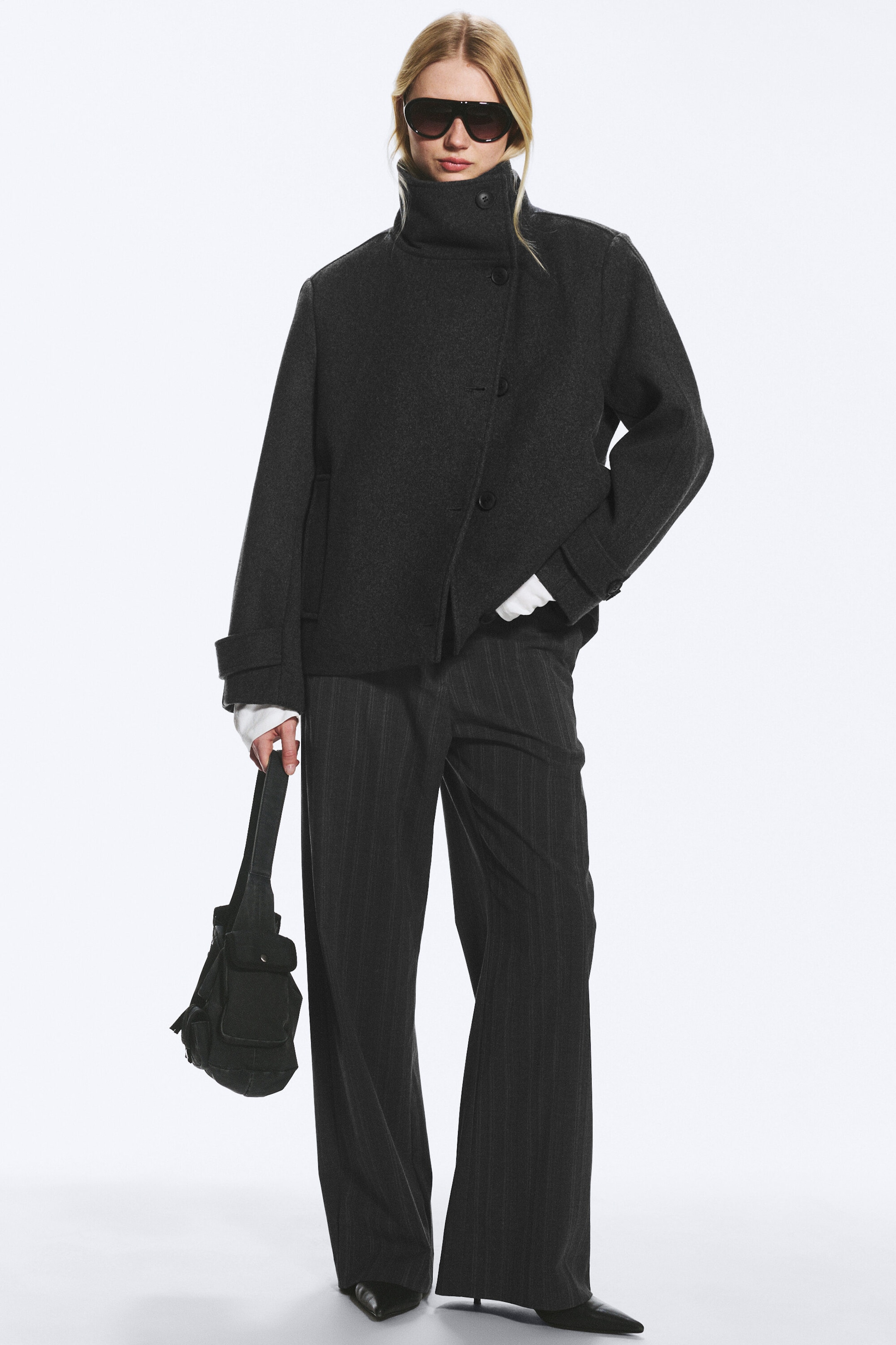Dark Grey Melange - Funnel collar wool-blend jacket - 2
