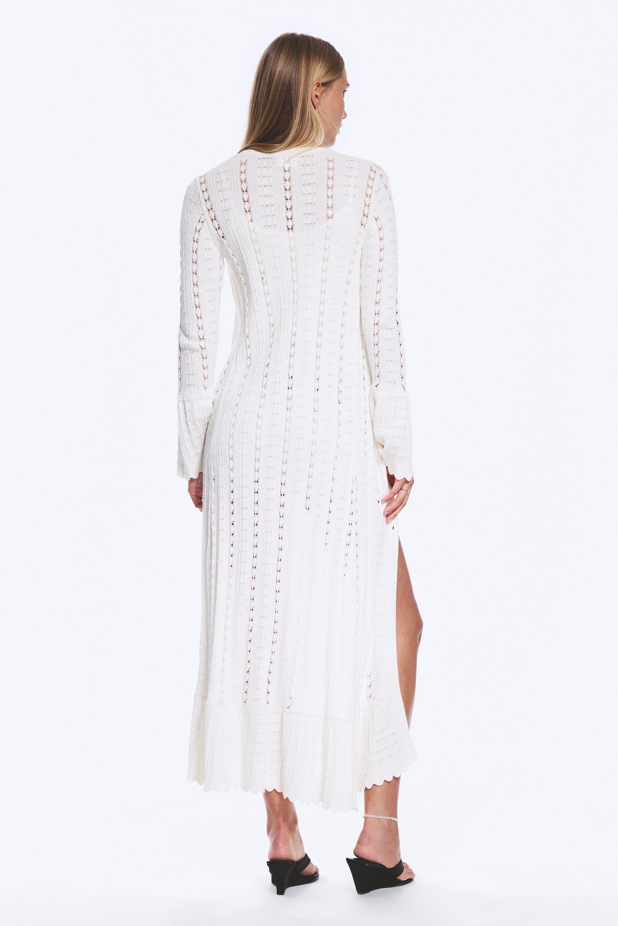 White - Long Frilled Knitted V-neck Cardigan - 3