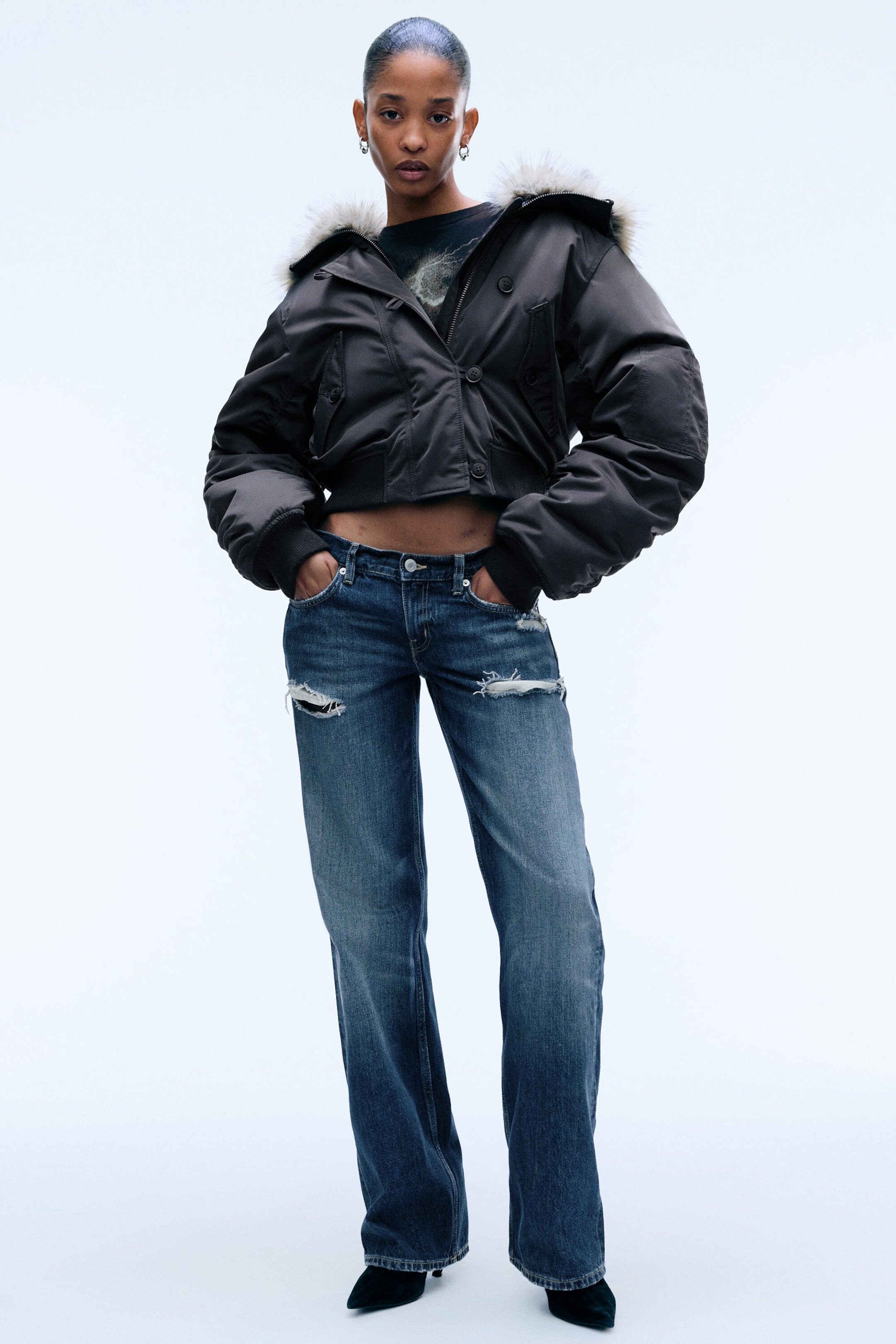 Dark Grey - Cropped bomber with faux fur hood - 1