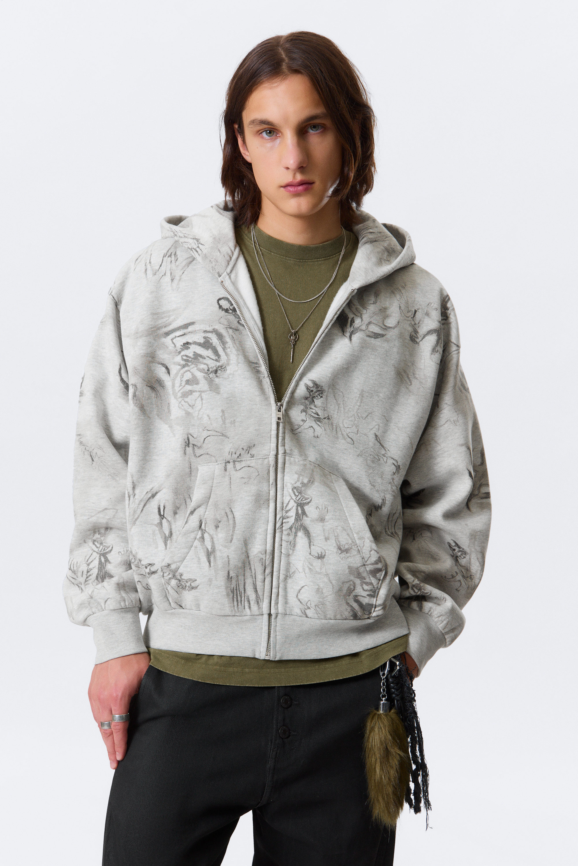 Grey Melange - Scribble Print - Square Graphic Zip Hoodie - 1