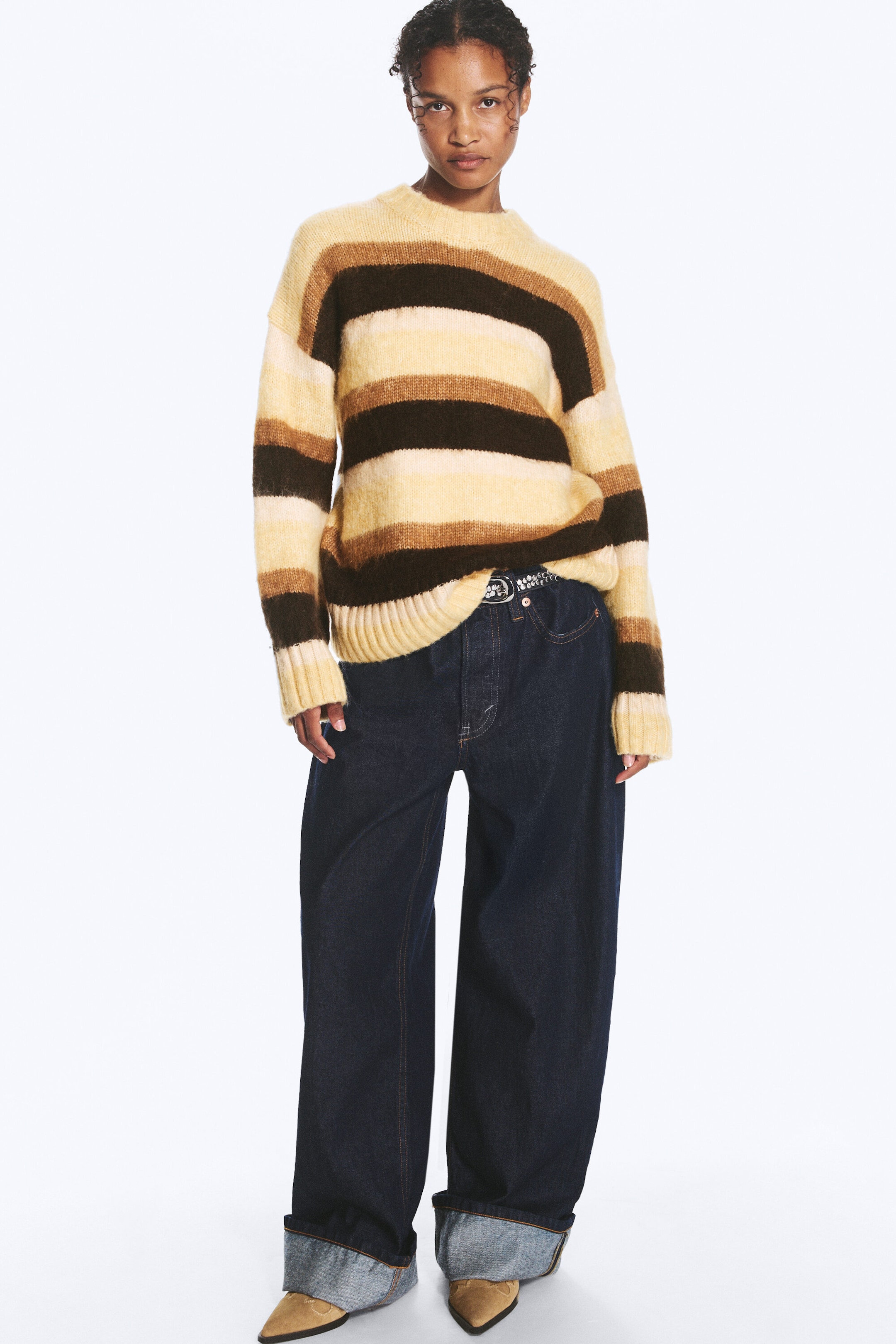 Rayures jaune fané & marron - Pull en maille duveteuse coupe décontractée - 2
