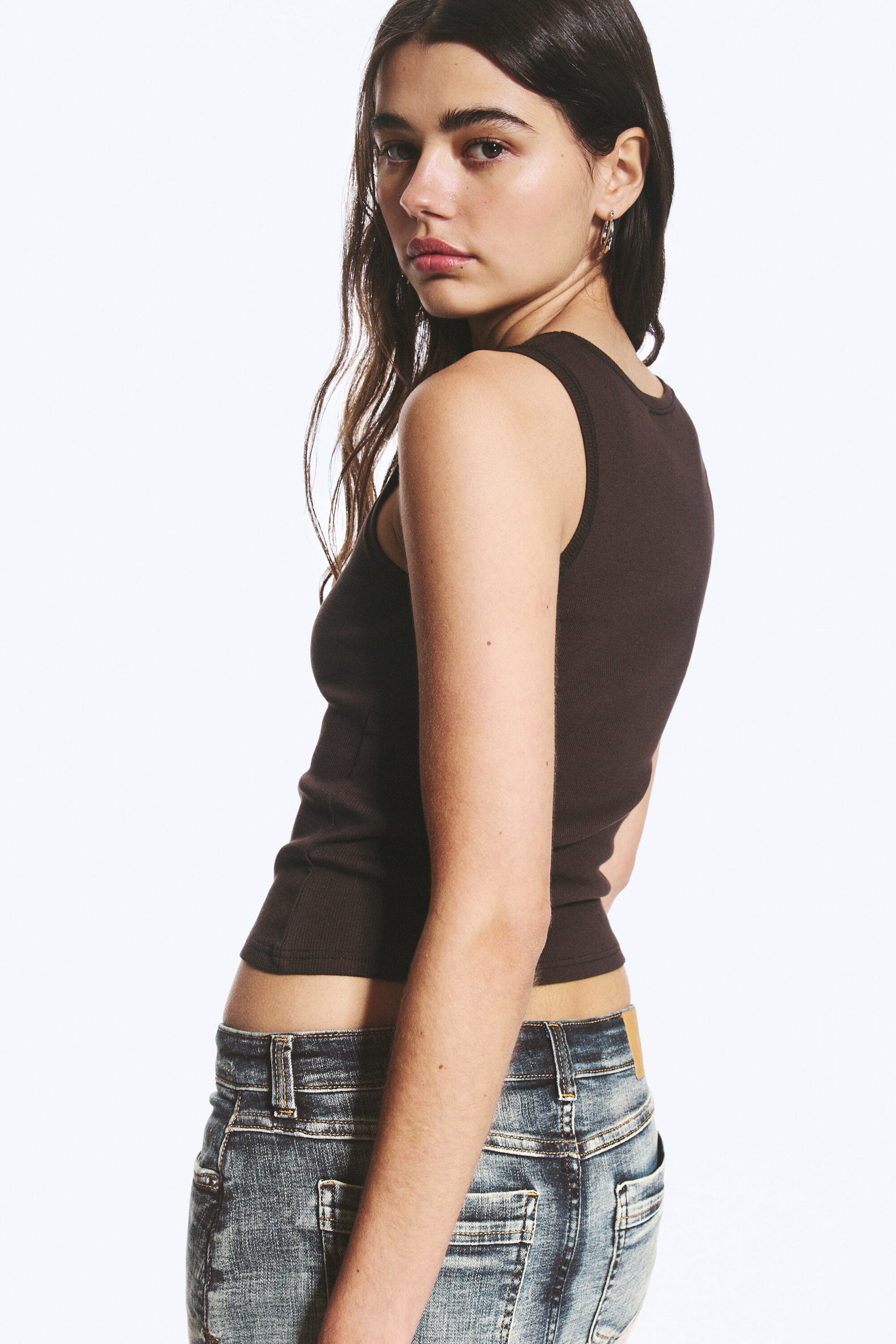Dark Brown - Ribbed Square Tank Top - 2