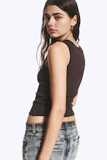 Dark Brown - Ribbed Square Tank Top - 2