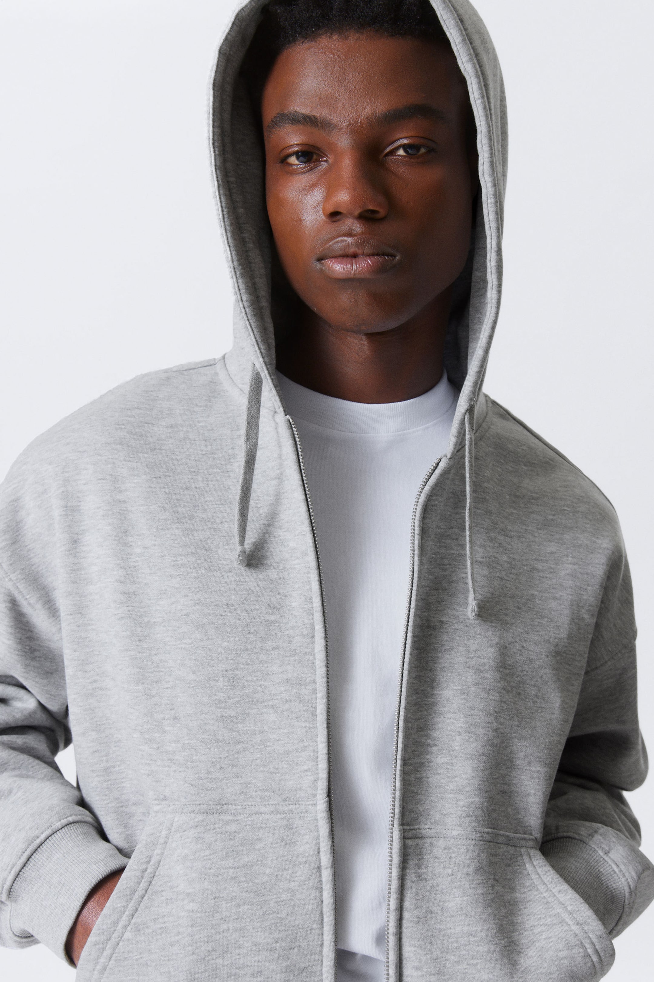 Hellgrau meliert - Kastiger, mittelschwerer Hoodie mit Reißverschluss - 2