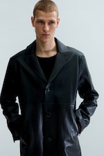 Black - Single-Breasted Leather Coat - 1