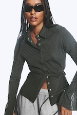 Striped Grey - Tie‑Detail Cotton Shirt - 0