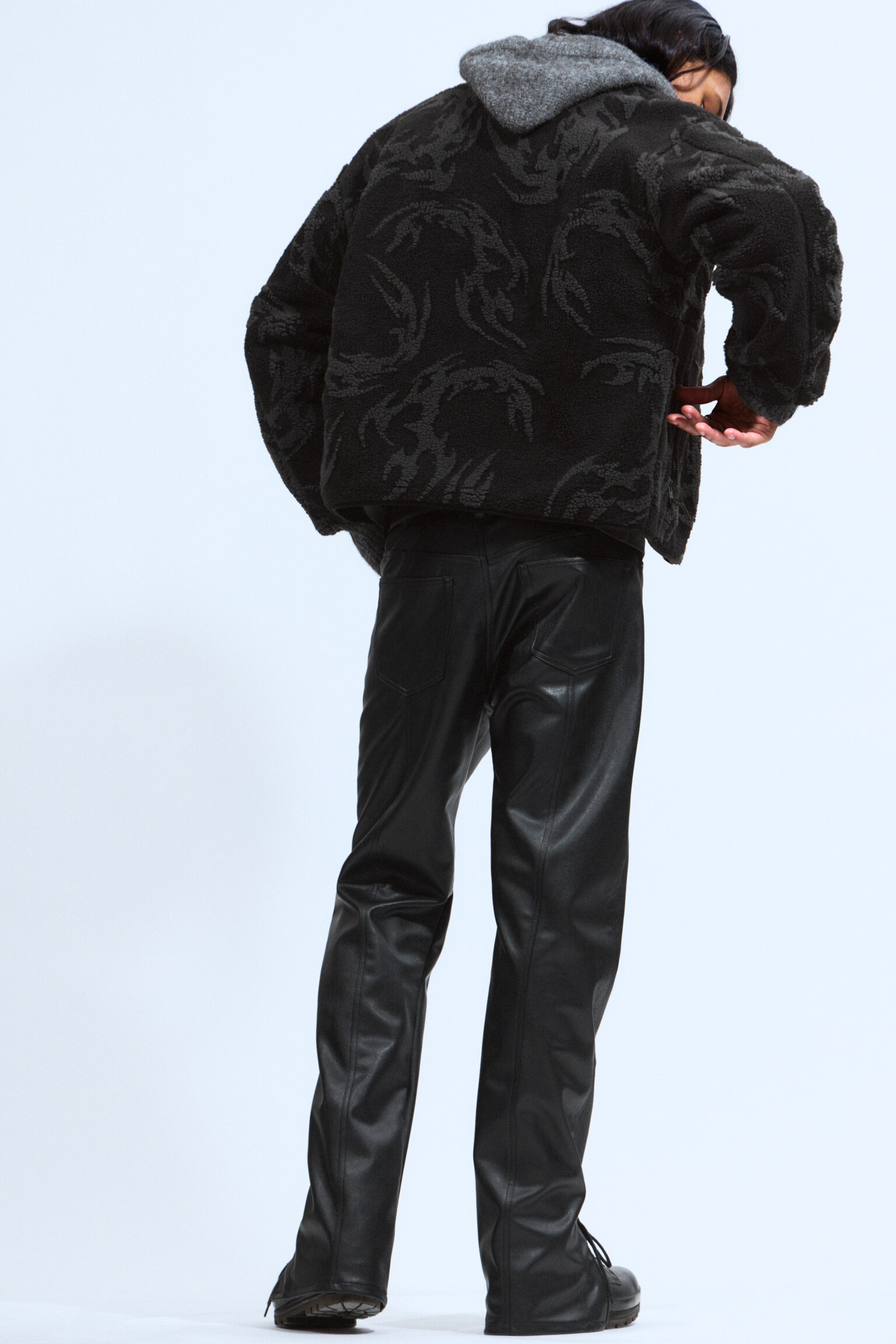 Jacquard Pattern Pile Zip Jacket - Black - Tribal - 5