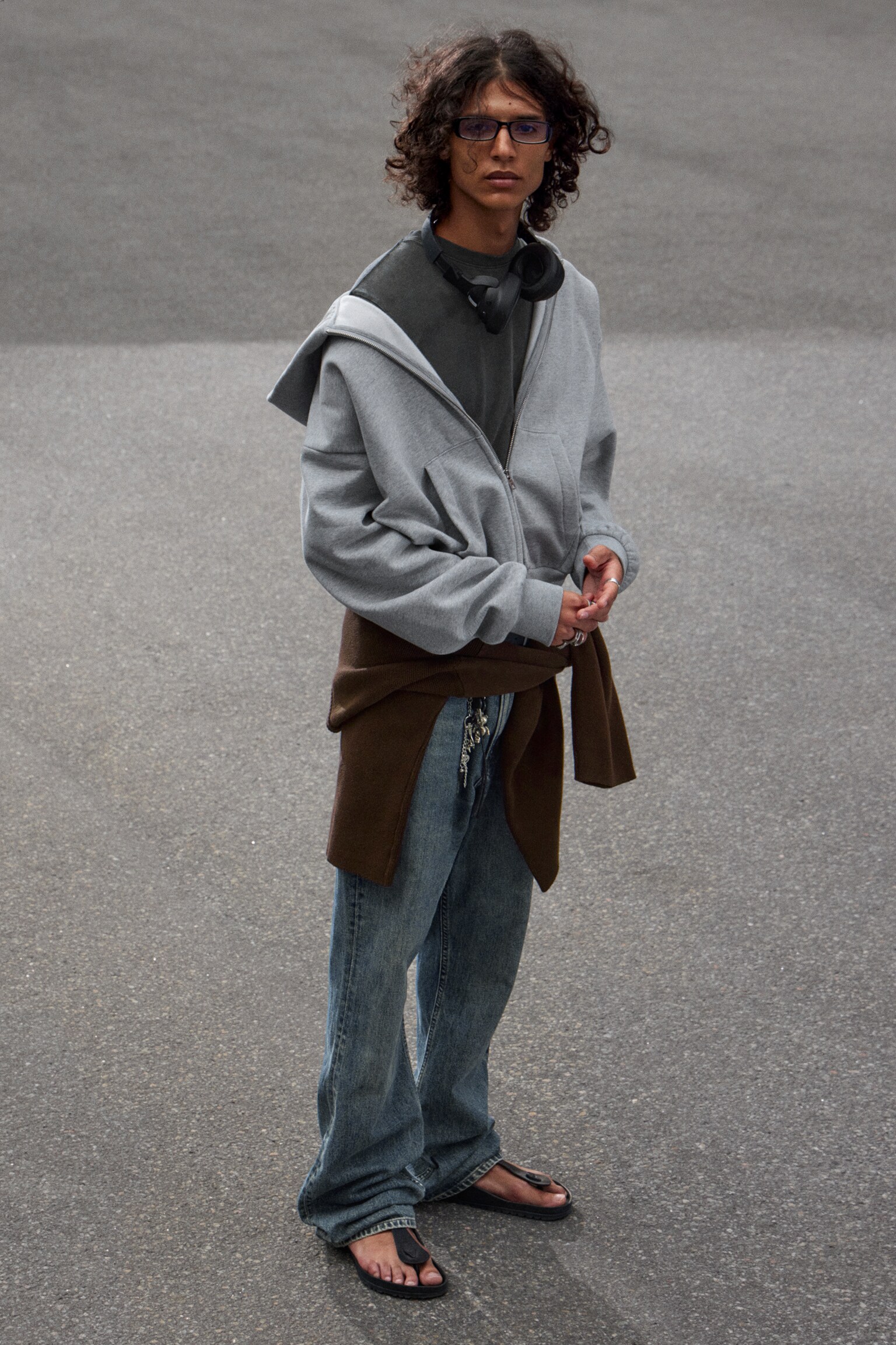 Loose Fit Zip Hoodie - Grey Melange/Black/Dark Brown - 5