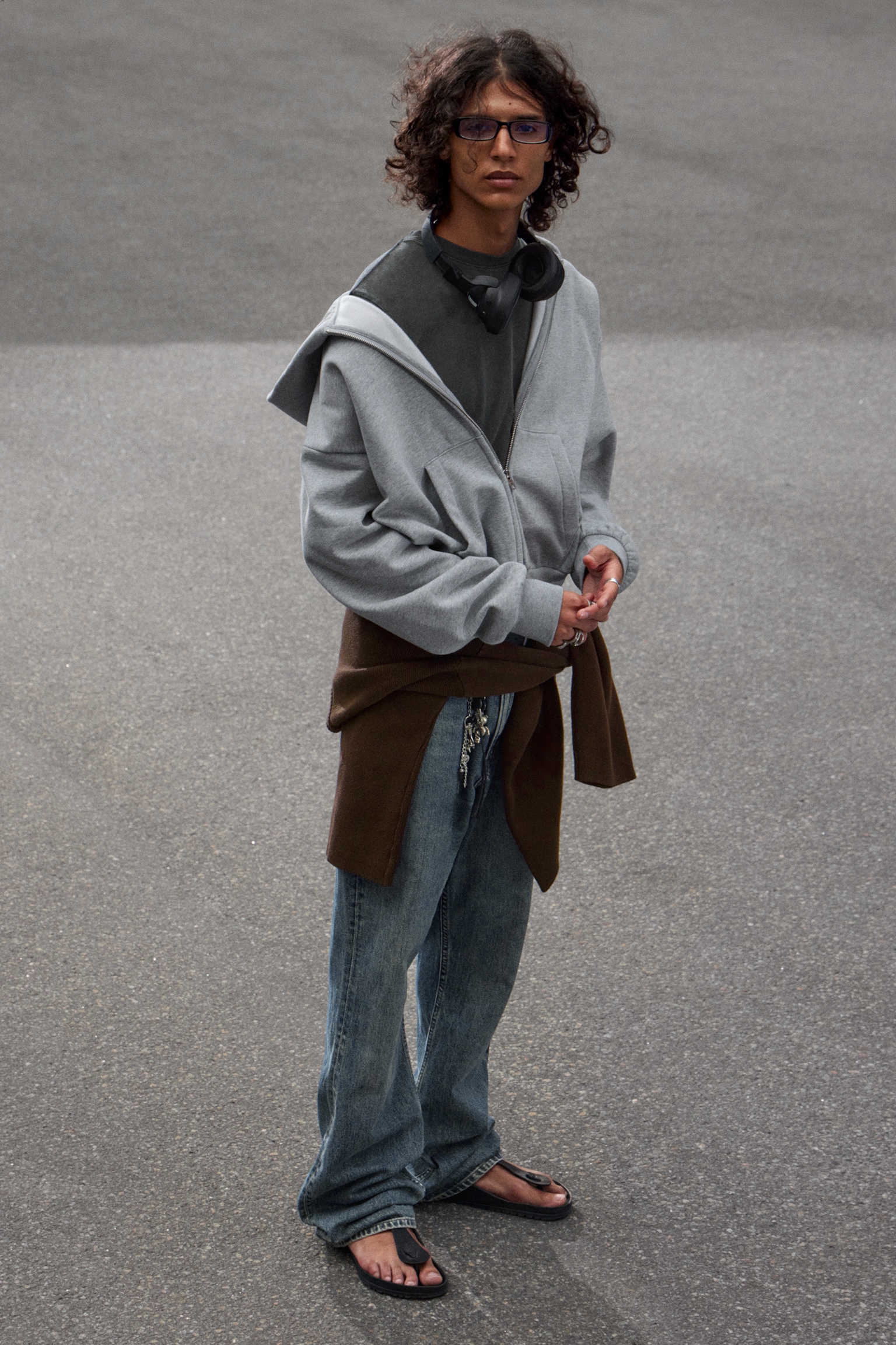 Loose Fit Zip Hoodie - Grey Melange/Dark Brown/Black - 4