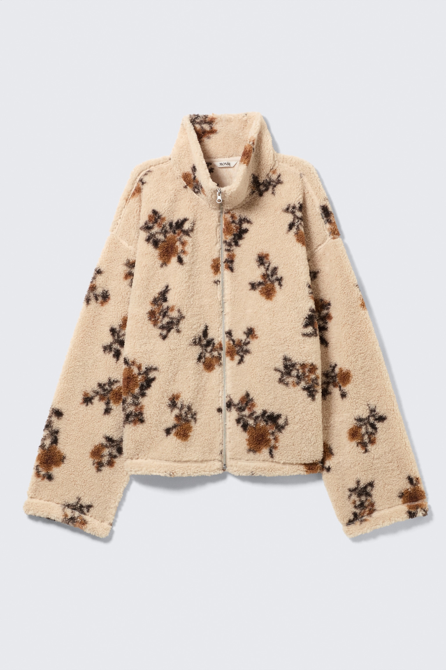 Pile Fleece Zip Jacket - Beige - Brown Floral Print/Dotted Black - 2