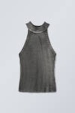 Washed Black - Washed Knitted Mock Neck Top - 0