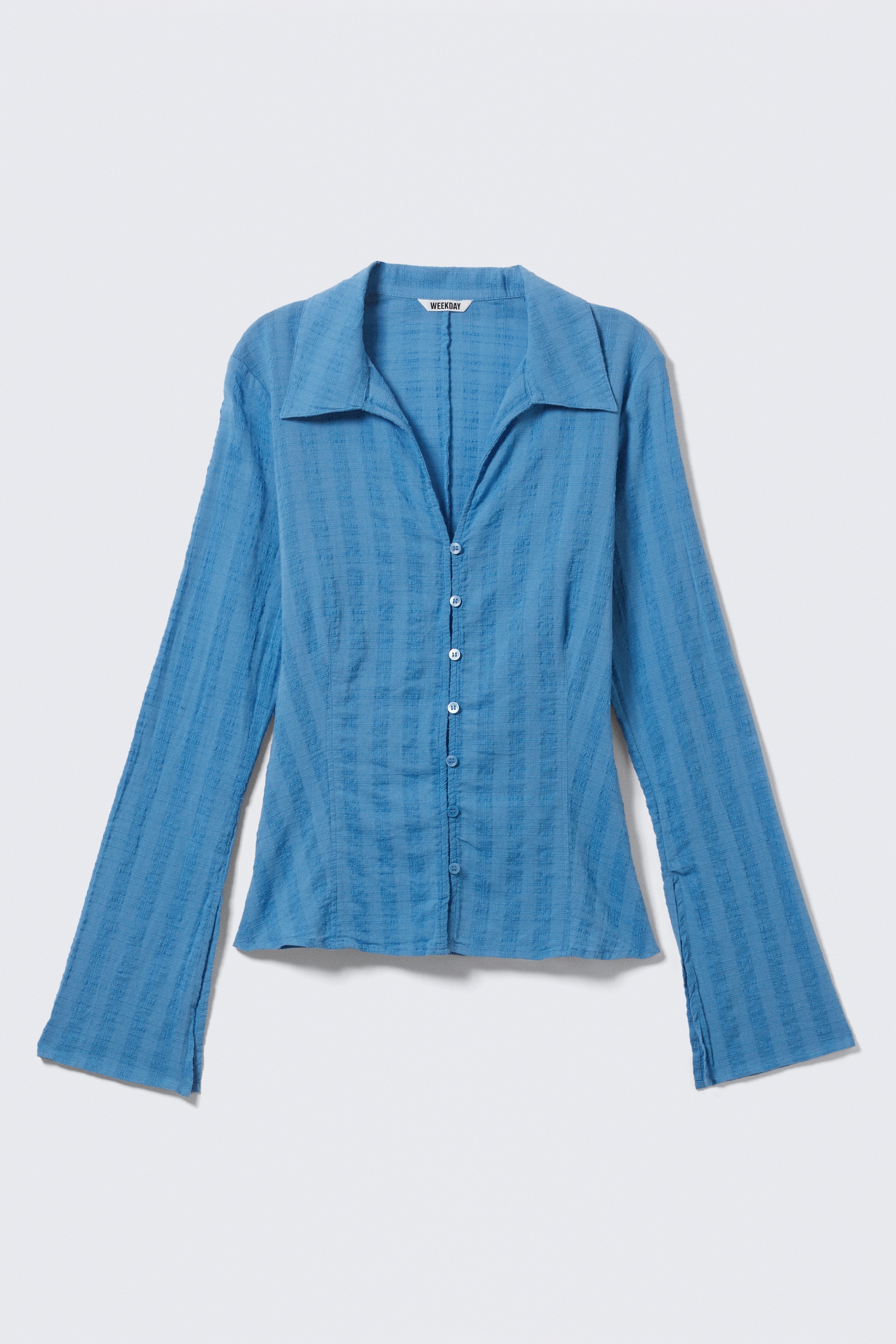 Slim fit bluse med struktur - Blå/Hvid