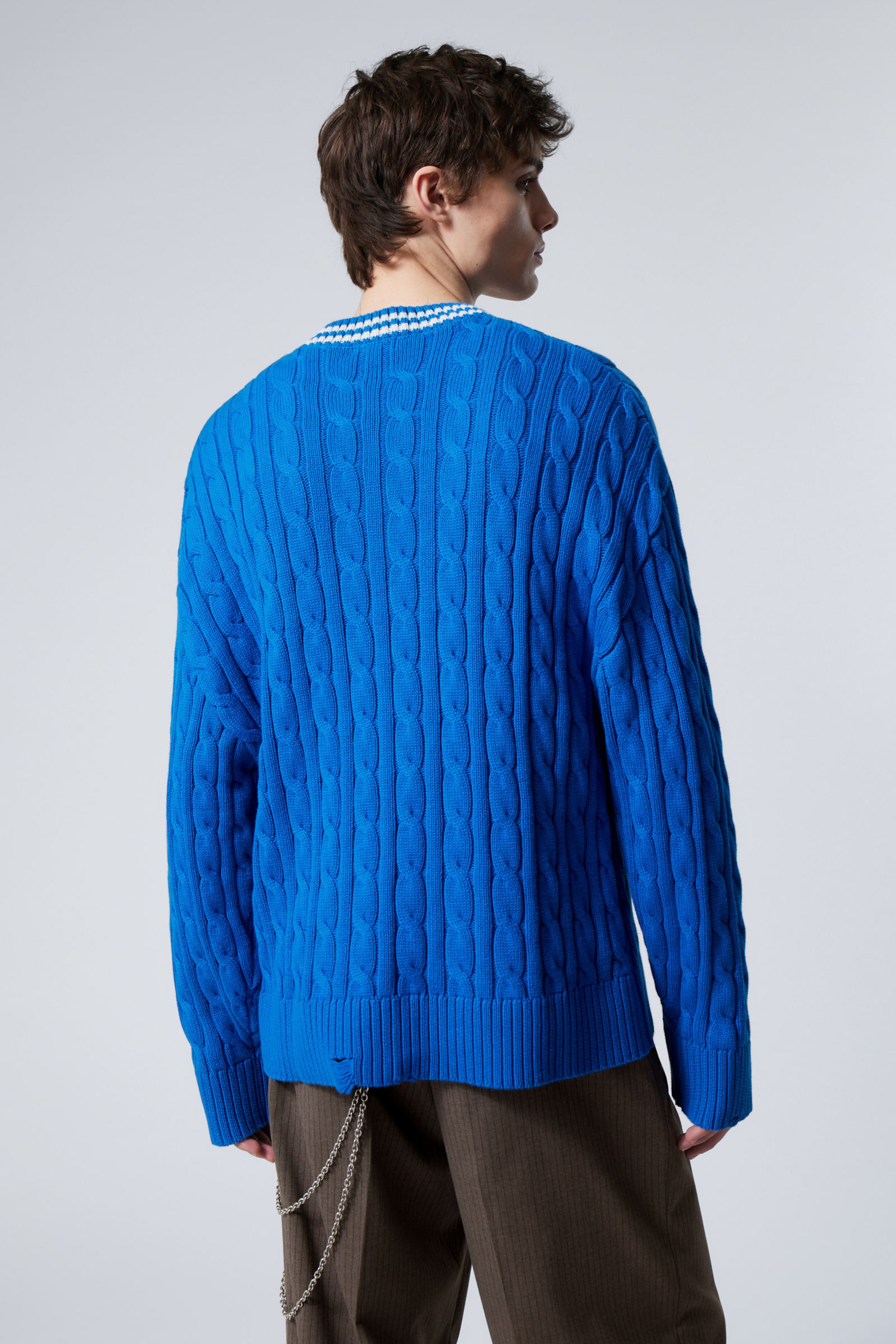 Blue - Oversized Cable Knit Sweater - 3