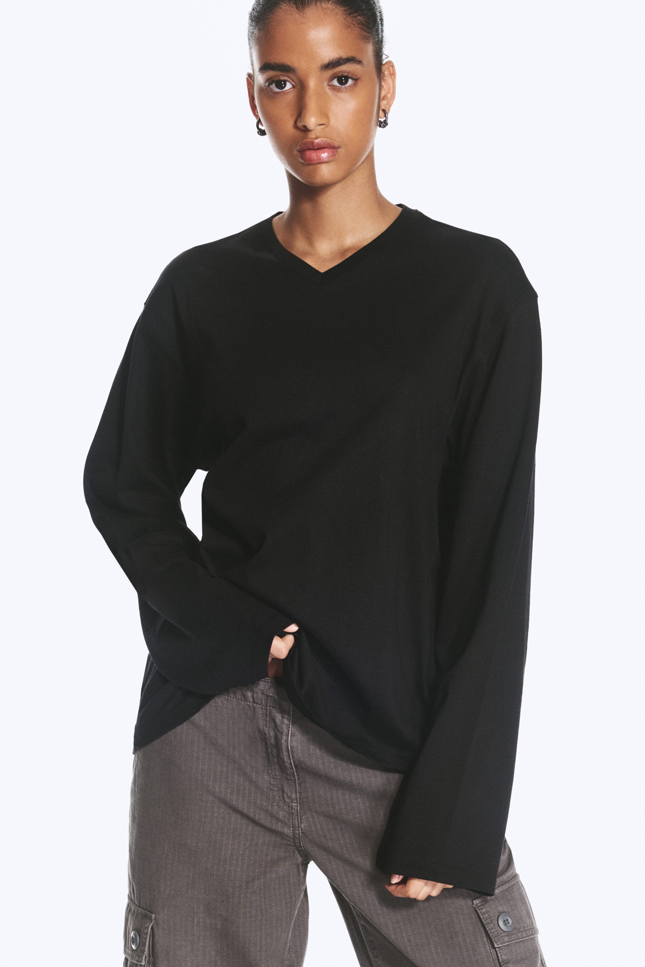 Noir - T-shirt carré col V manches longues - 1