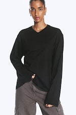 Black - Boxy V-neck Long-sleevd T-shirt - 0