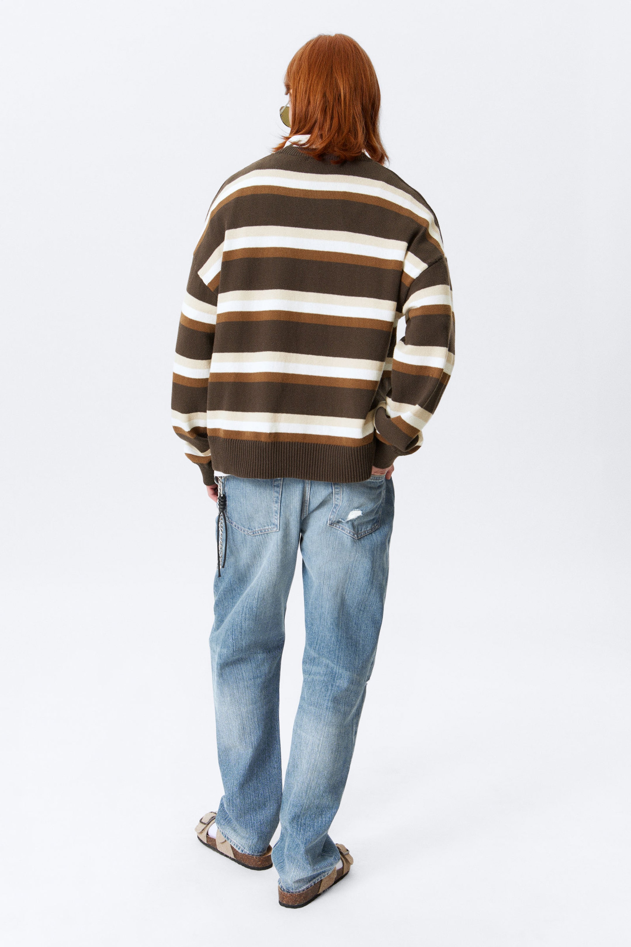 Striped Brown - Knitted Oversized Boxy Cotton Sweater - 4
