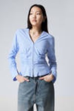 Light Blue - Gathered Poplin V-neck Shirt - 0