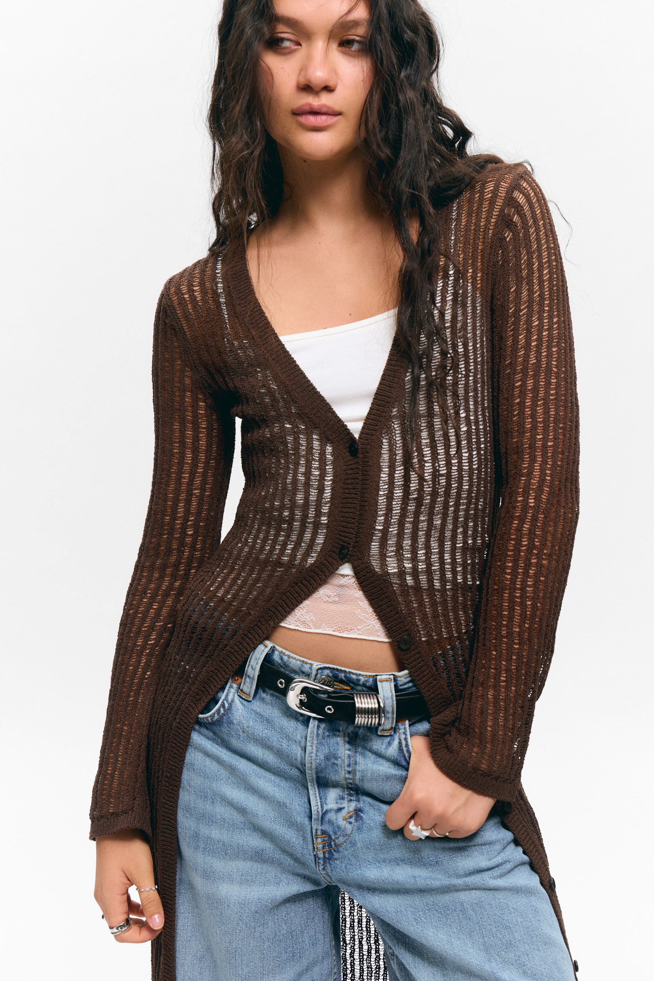 Dark Brown - Open-Knit V-neck Maxi Cardigan - 1