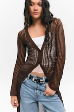 Dark Brown - Open-Knit V-neck Maxi Cardigan - 1