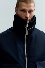 Navy Blue - Shrunken Nylon Bomber Jacket - 1