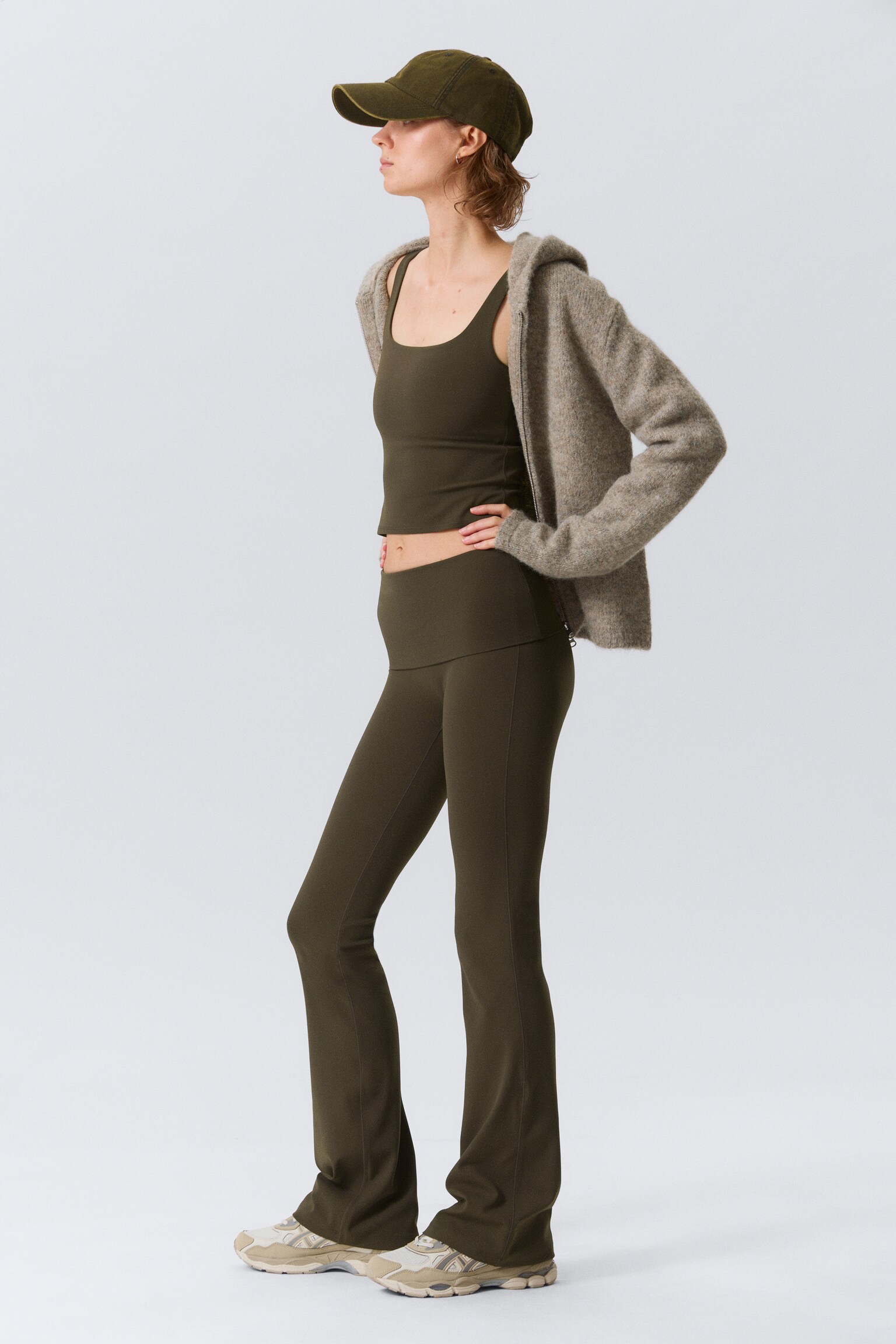 Folded Waist Flared Yoga Tights - Dark Brown/Light Dusty Grey/Black/Dark Grey/White/Dark Brown/Dark Khaki Green - 5