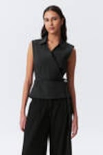 Striped Black - Sleeveless Cotton Wrap Top - 0