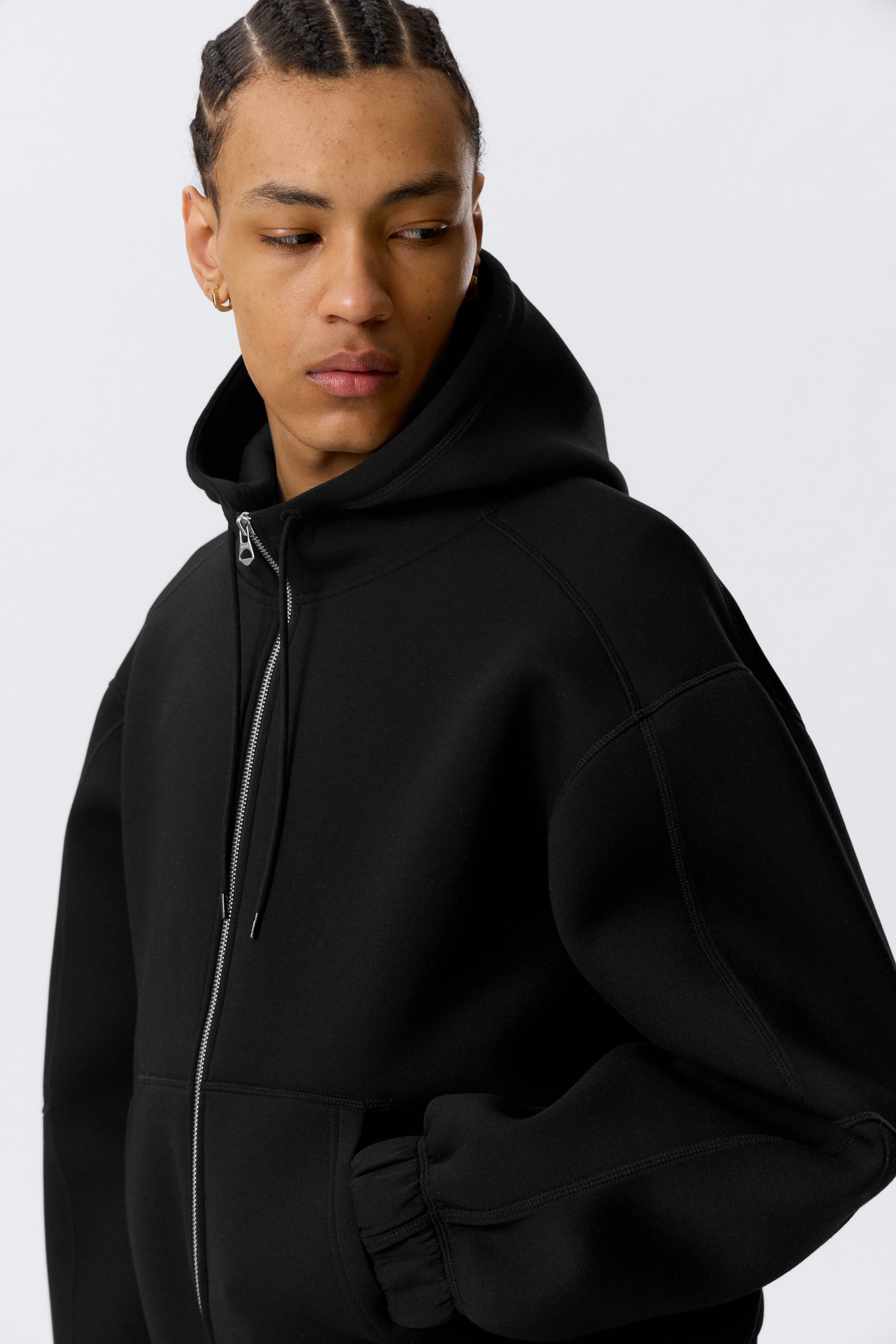 Black - Loose High-Neck Scuba Zip Hoodie - 2