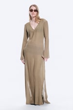 Beige - Sheer Long-Sleeved V-neck Maxi Dress - 0