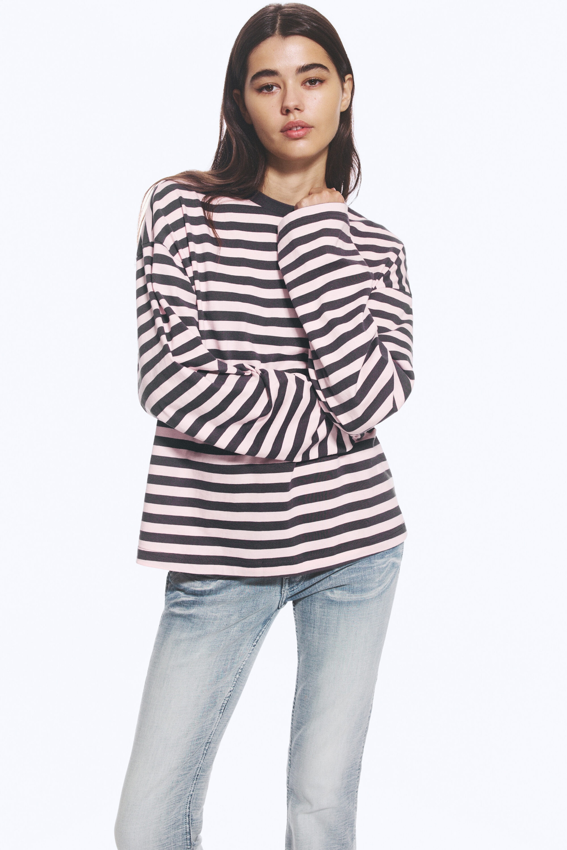 Dark Grey & Light Pink Stripe - Long-Sleeved Cotton T-shirt - 0
