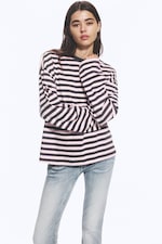 Dark Grey & Light Pink Stripe - Long-Sleeved Cotton T-shirt - 0