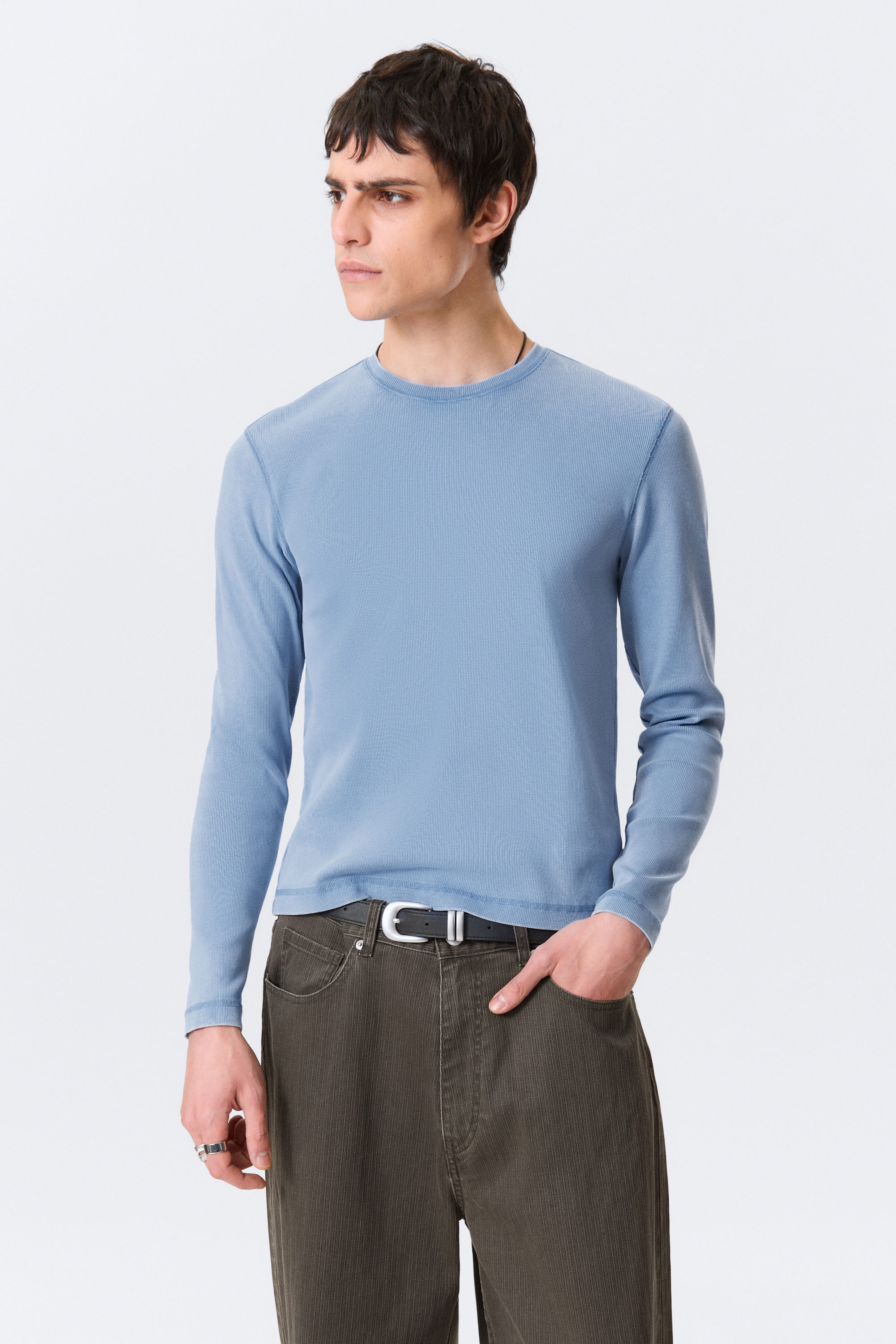 Washed Blue - Ribbed Long-Sleeved T-shirt - 1